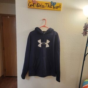 Men's SZ LGE Under Armour Dark Blue Hoodie with Grey/White Logo